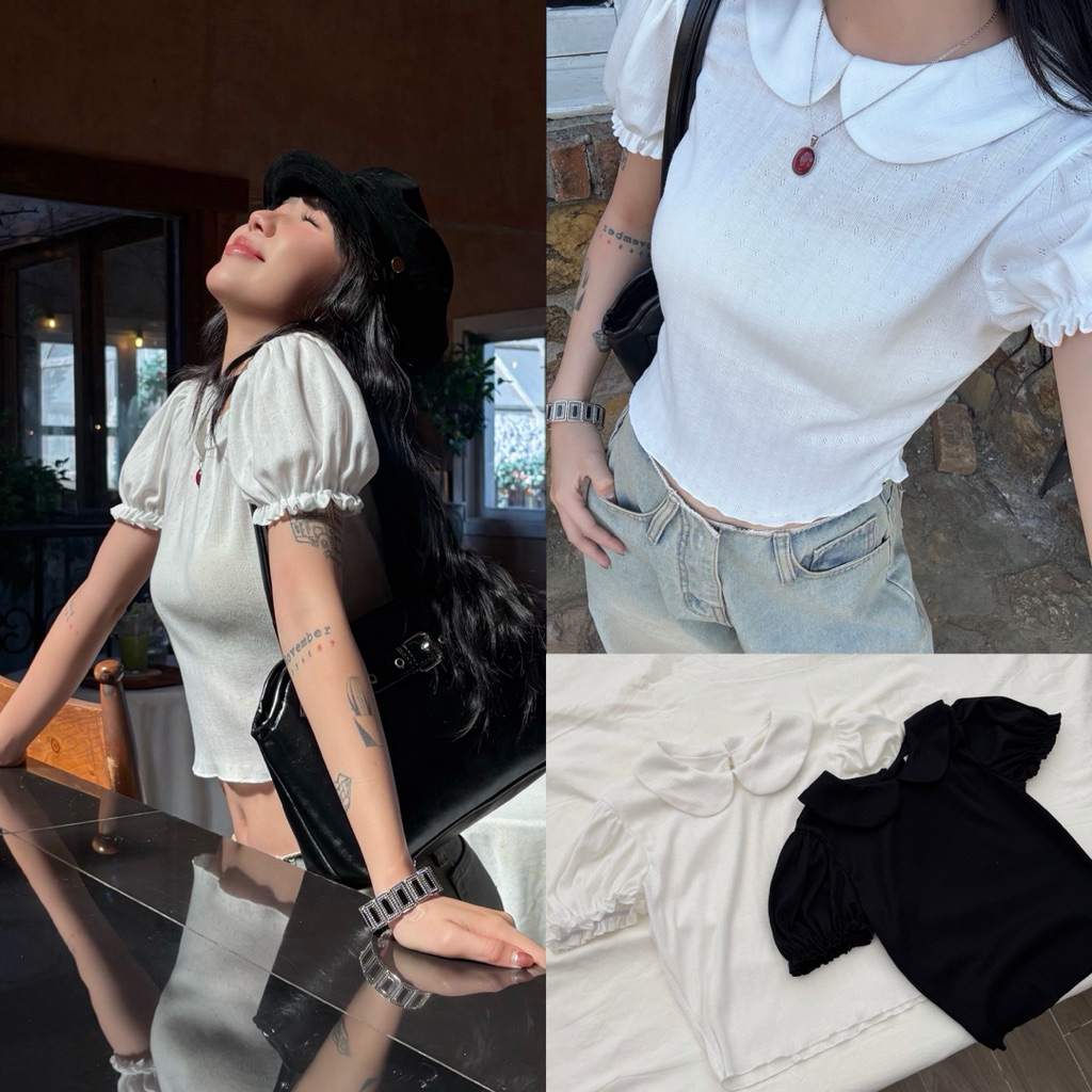 JESSIE TOP - Áo Thun Hơi DEROSE Vải Mỏng Mềm Tay Phồng Cổ Bầu Tròn Xinh Xắn Áo Thun Nữ Áo Kiểu Nữ