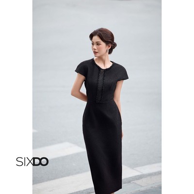 Đầm bút chì đen xẻ sau ngắn tay cổ tròn SIXDO (Black Woven Pencil Dress)