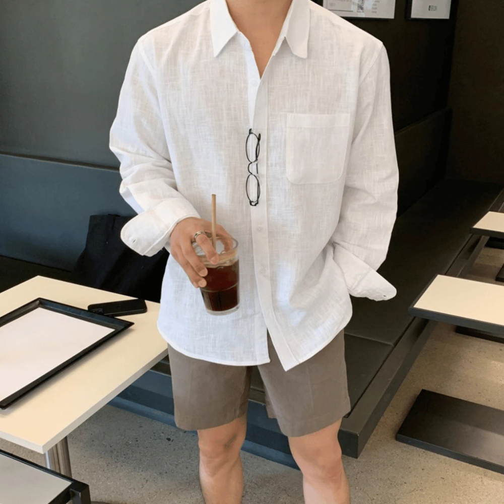 Áo Sơ Mi Nam Dài Tay Chất Vải Linen Màu Xanh Navy Form Rộng, Basic Phong Cách Hàn Quốc 2026