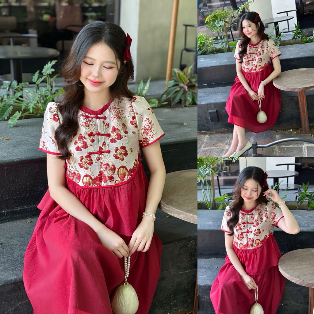 EVERMOM l Đầm bầu Gona Tết gấm thêu cổ bèo form thân liền cho mẹ mang Tết đi tiệc sang chảnh chất li