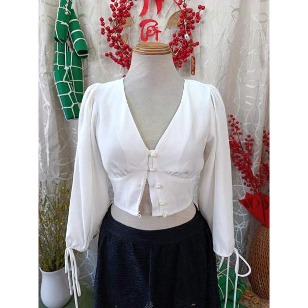 JAUNE thanh lý - Áo crop cổ V xẻ dài tay bymo - SIZE S