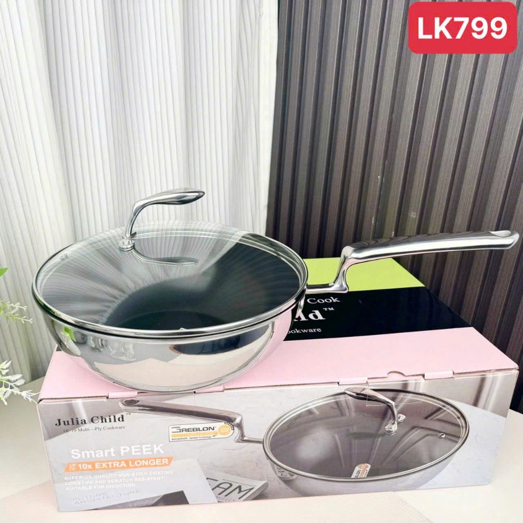 Chảo chống dính Julia Child [799] 28cm - Chảo sâu lòng thành cao kèm vung kính cường lực LK799