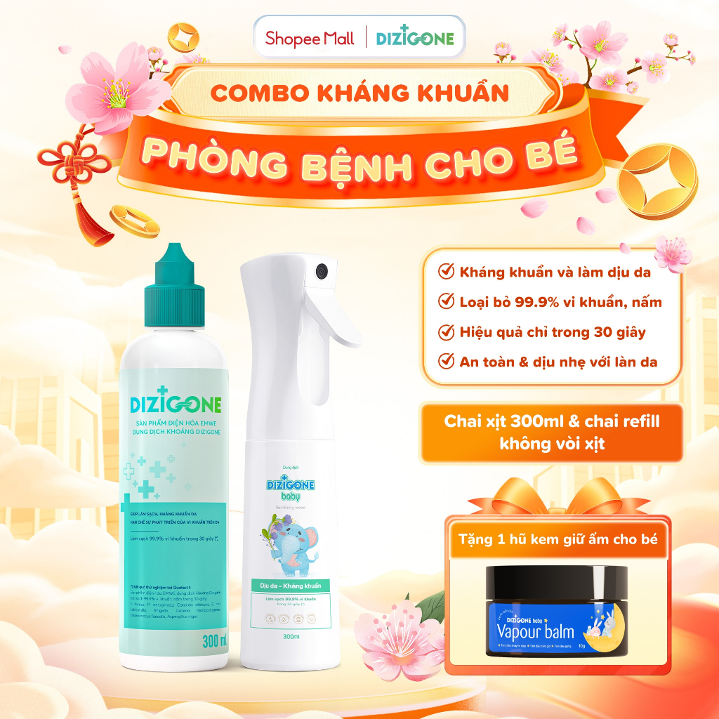 [COMBO] Xịt kháng khuẩn DIZIGONE Baby 300ml & Dung dịch kháng khuẩn DIZIGONE: Xịt tay chân, đồ chơi,