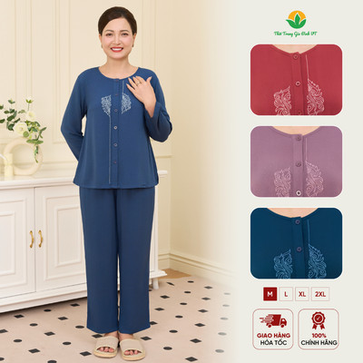 Đồ bộ lanh trung niên nữ mặc nhà Việt Thăng, quần dài , áo dài tay thêu họa tiết sang trọng B30.5166