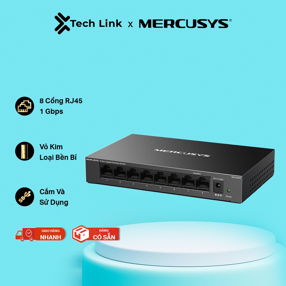 Bộ Chuyển Mạch Switch Mercusys MS108GS 8 Cổng Gigabit RJ45 10/100/1000 Mbps, Tiết Kiệm Năng Lượng