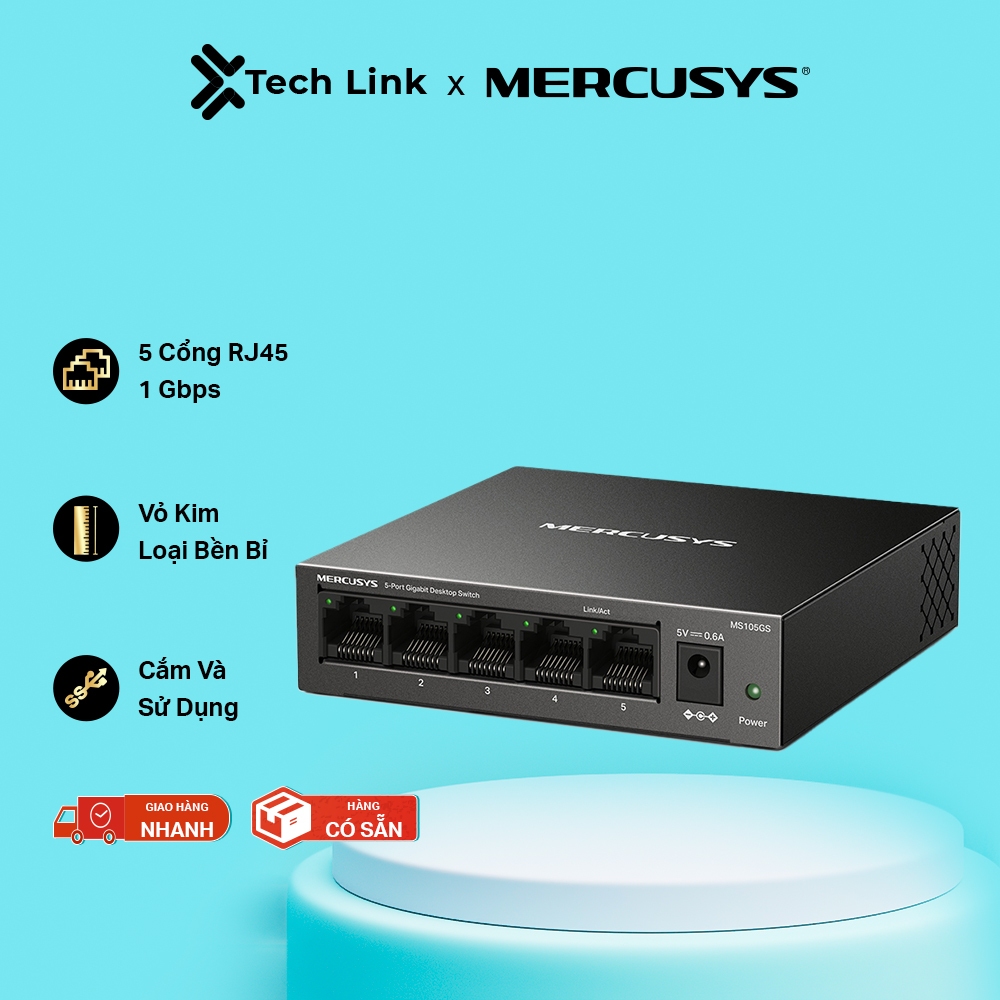 [Chính Hãng Mercusys] Bộ Switch Để Bàn Gigabit Mercusys MS105GS 5 cổng RJ45 10/100/1000 Mbps, Hỗ Trợ