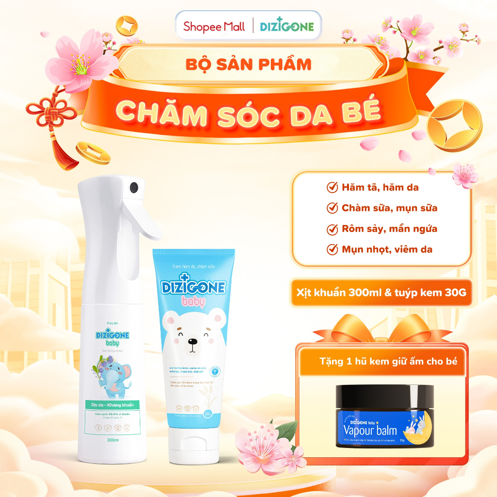 [COMBO] Xịt kháng khuẩn DIZIGONE Baby 300ml & Kem hăm chàm DIZIGONE Baby 30g: Chăm sóc da bé hăm tã,