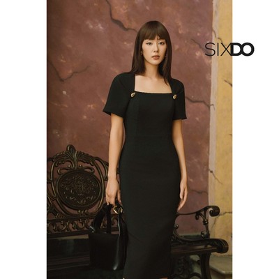Đầm bút chì đen ngắn tay cổ vuông SIXDO (Black Woven Pencil Dress)