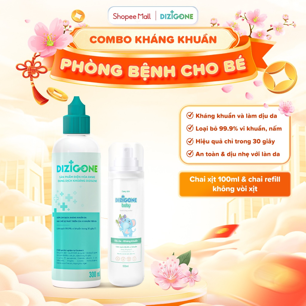 [COMBO] Xịt kháng khuẩn DIZIGONE Baby 100ml & Dung dịch kháng khuẩn DIZIGONE: Xịt tay chân, đồ chơi,