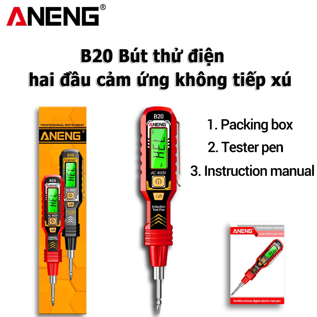 inline badgeBút thử điện ANENG B20 B19 hai đầu cảm ứng không tiếp xúc, đo chính xác
