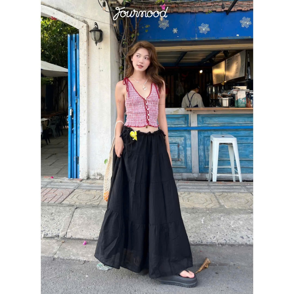 TDT4 - Chân Váy Dài Dáng Xòe Vải Tơ 2 Lớp Màu Đen Trắng HALI SKIRT