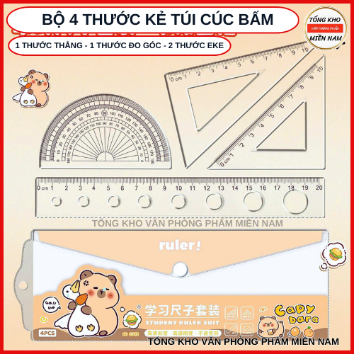 Bộ 4 thước đo 20cm bỏ túi cúc bấm tiện dụng cho học sinh - bộ 4 thước gồm thước đo góc, eke, thước t