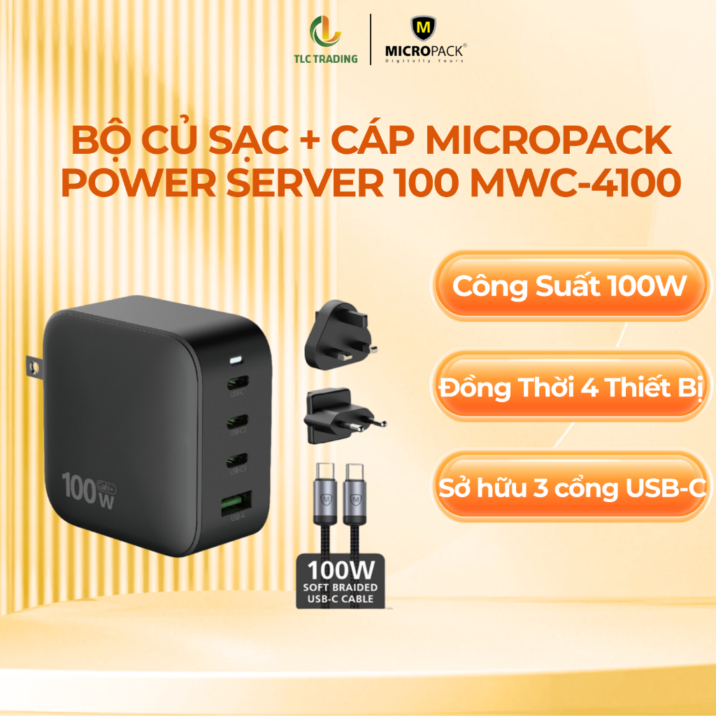 Bộ củ sạc + Cáp MicroPack POWER SERVER 100W vỏ PC 1cổng A 3 cổng C MWC-4100