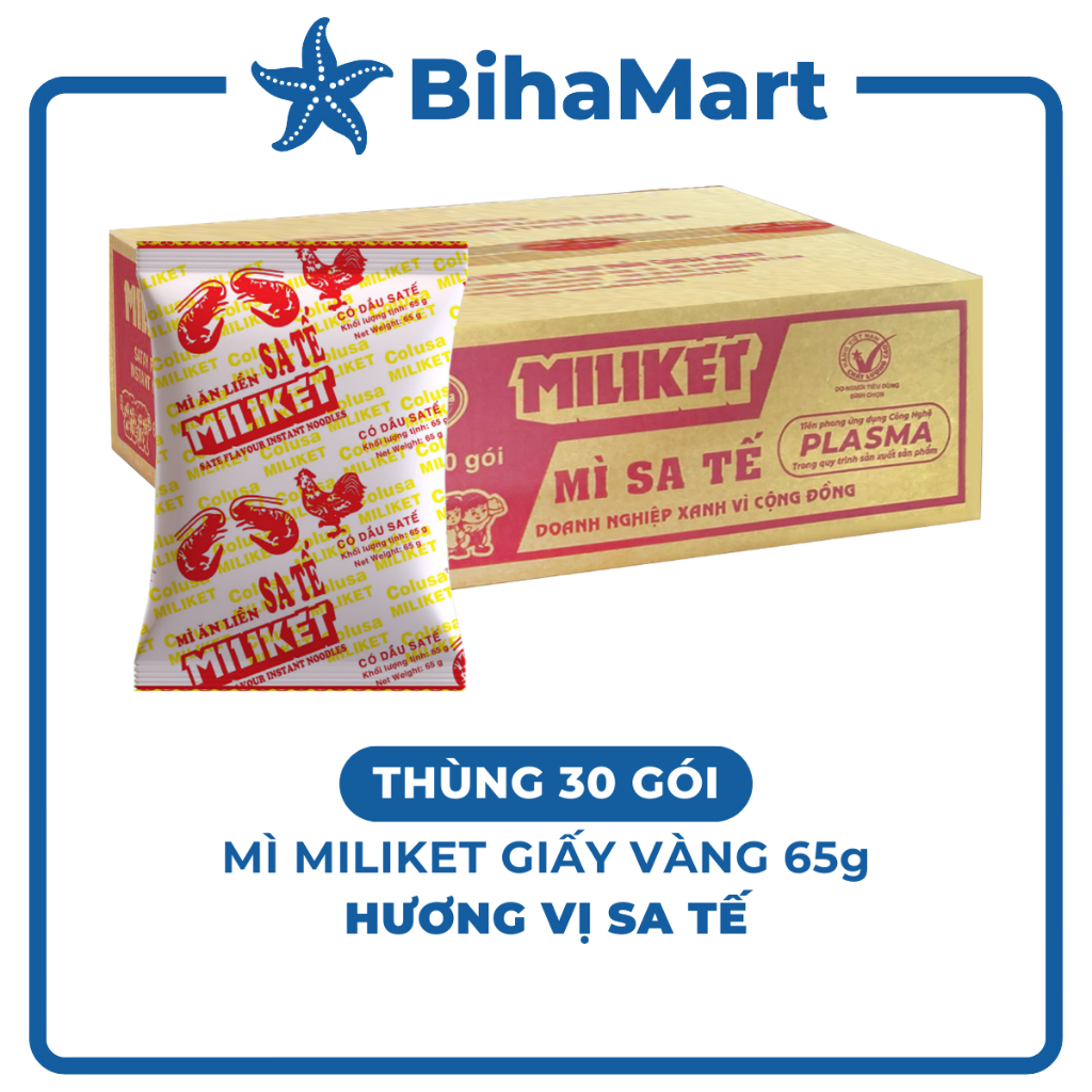 THÙNG 30 GÓI COLUSA Mì Miliket giấy vàng gói 65g hương vị Sa tế, Mì sa tế gói giấy vàng Miliket, Mì 