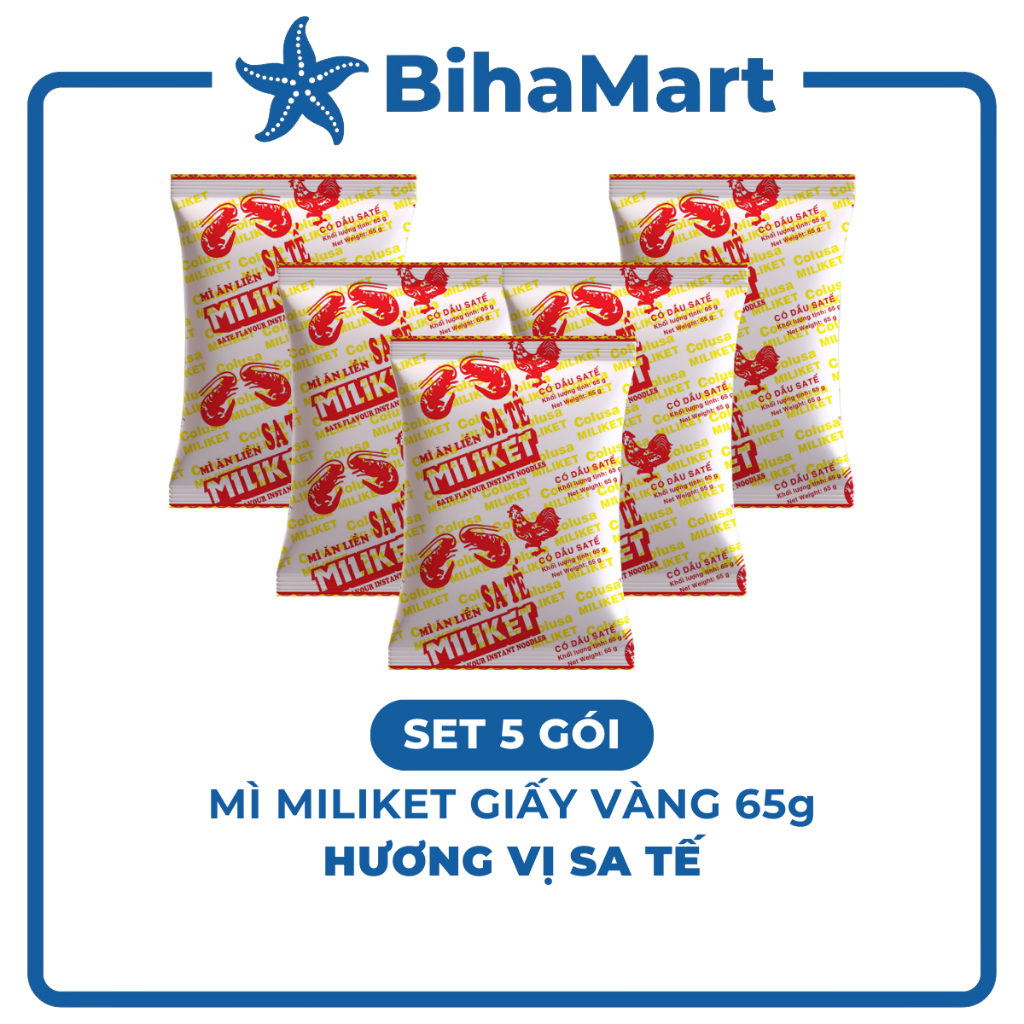 SET 5 GÓI -COLUSA- Mì Miliket giấy vàng gói 65g hương vị Sa tế, Mì sa tế gói giấy vàng Miliket, Mì g