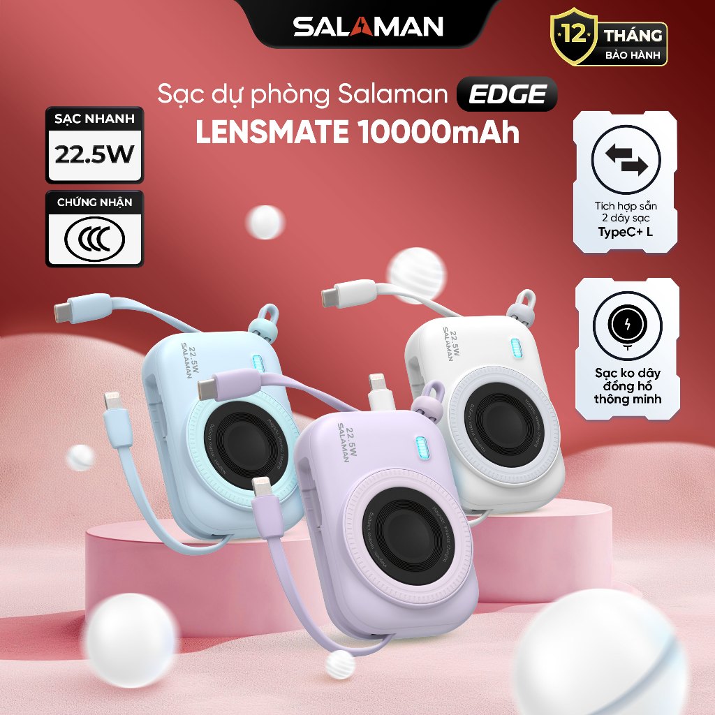 Sạc dự phòng Salaman Lensmate 10000mAh PD 22.5W, Sạc ko dây, Tích hợp 2 dây TypeC + IP, BH12 tháng