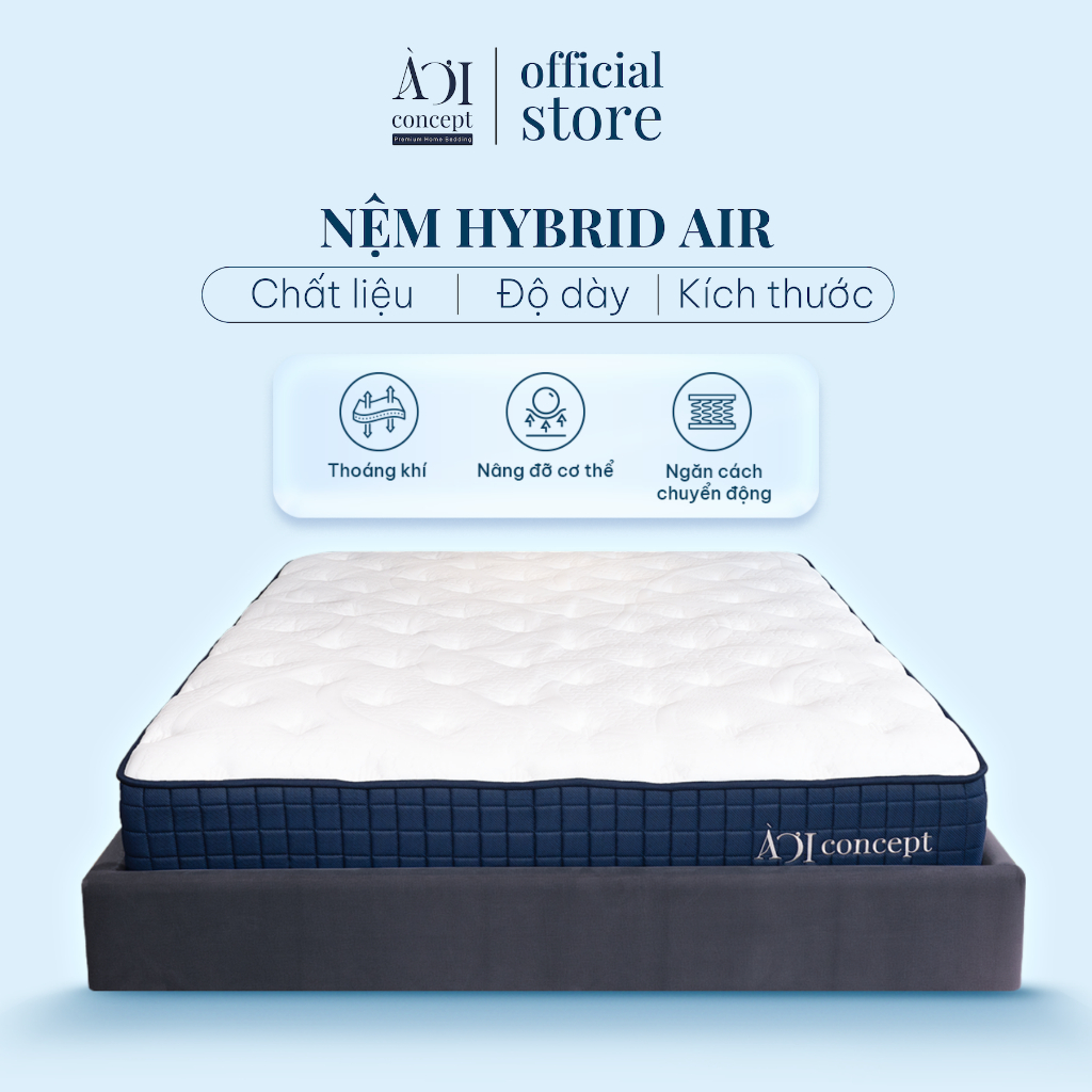 Nệm Hybrid Air Latex AOICONCEPT Size 1m6 & 1m8 cao 25cm Lò Xo Túi Độc Lập 5 Vùng Memory Foam Gel và 