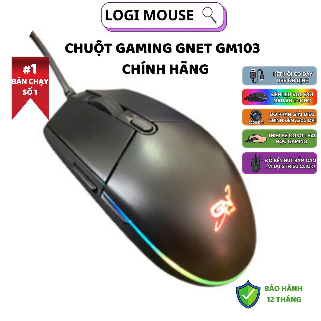 Chuột Gaming G-Net GM103 | Màu Đen | 7200DPI/ LED RGB Chính Hãng Giá Cực Tốt