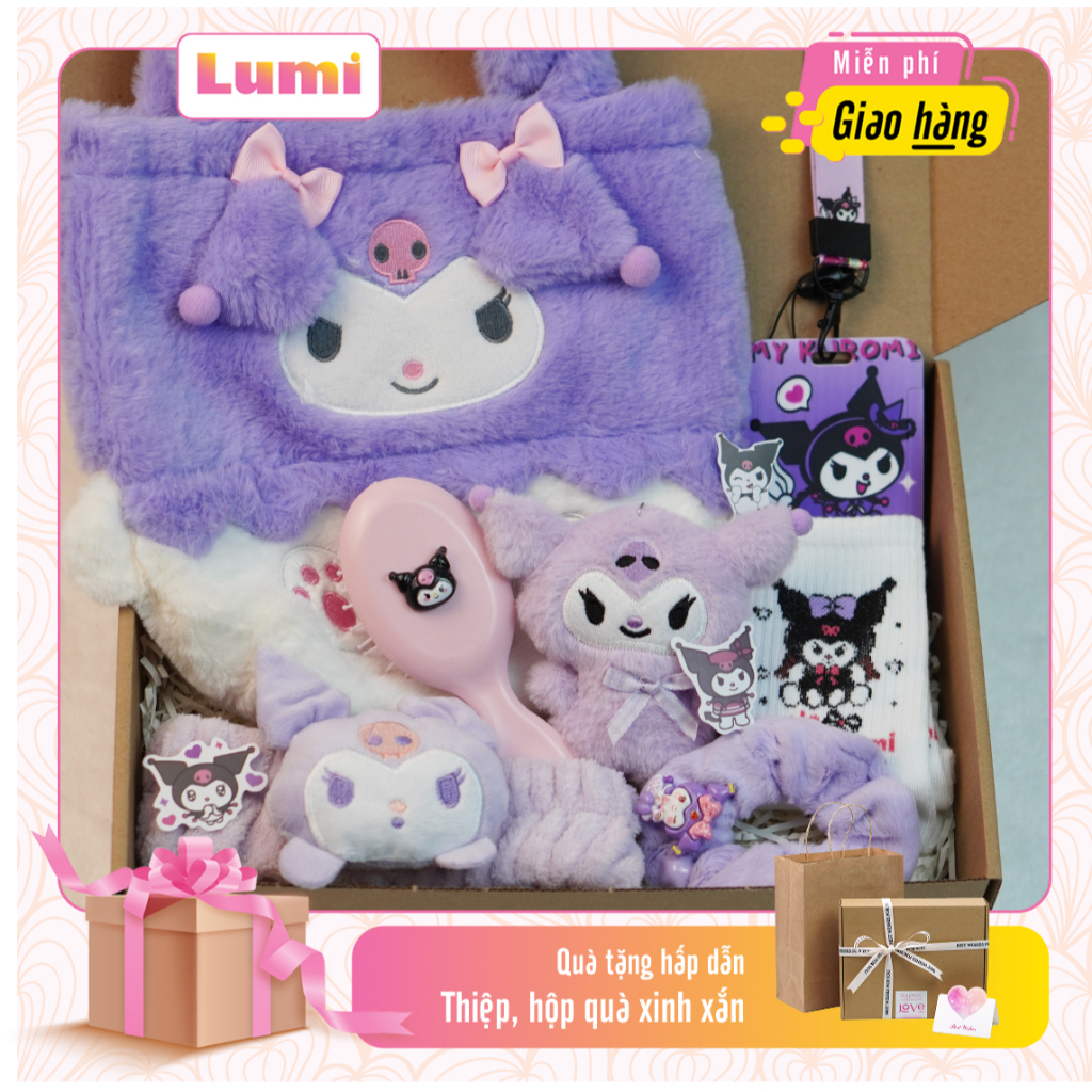 Set quà tặng Kuromi kèm túi nhung xinh xắn, dễ thương, Combo hộp quà tặng túi nhung Kuromi, tặng bé 