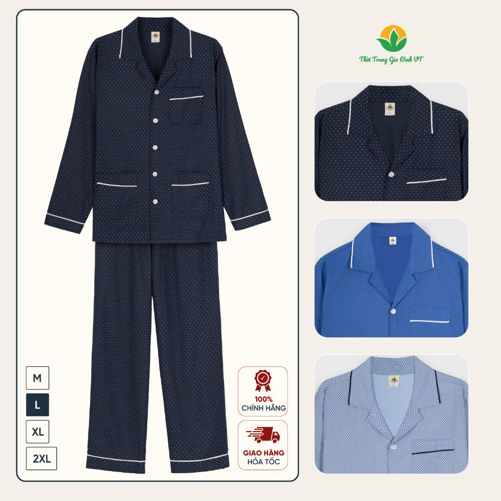 Đồ bộ pijama nam trung niên chất Cotton quần dài, áo dài tay thời trang Việt Thắng B50.5158