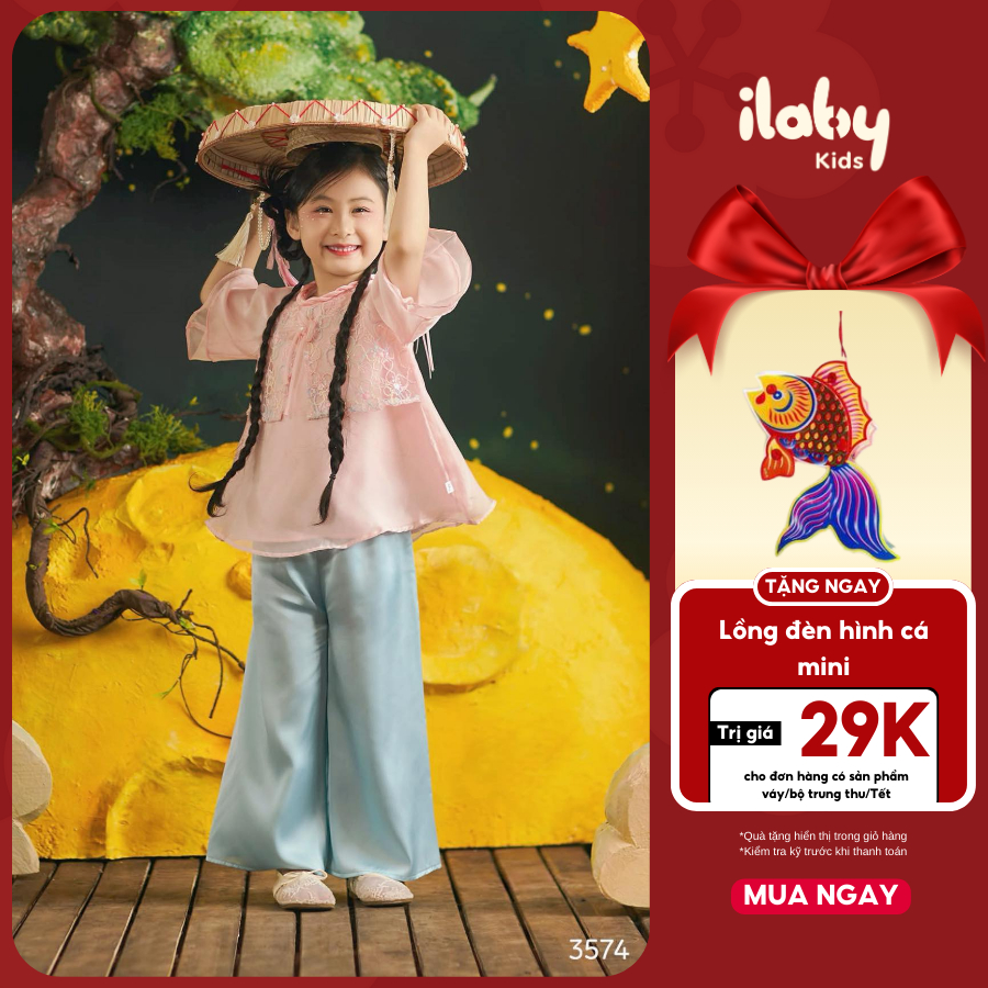 Bộ đồ Tết bé gái ILABY set pháp phục bé gái áo hồng thêu hoa phối quần xanh sang trọng [3574]