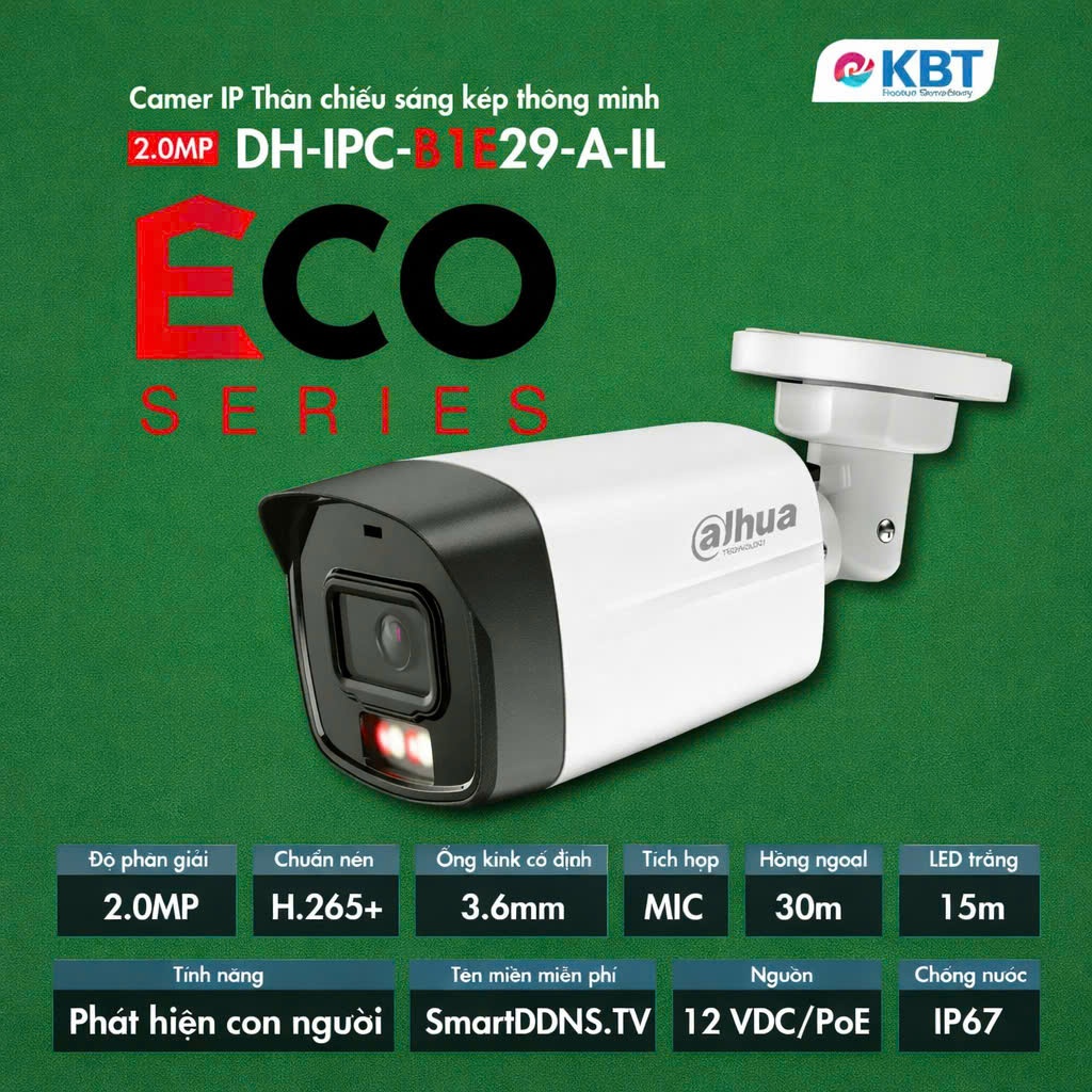 Camera IP Dahua thân Màu Mic 2MP mã IPC-B1E29-A-IL