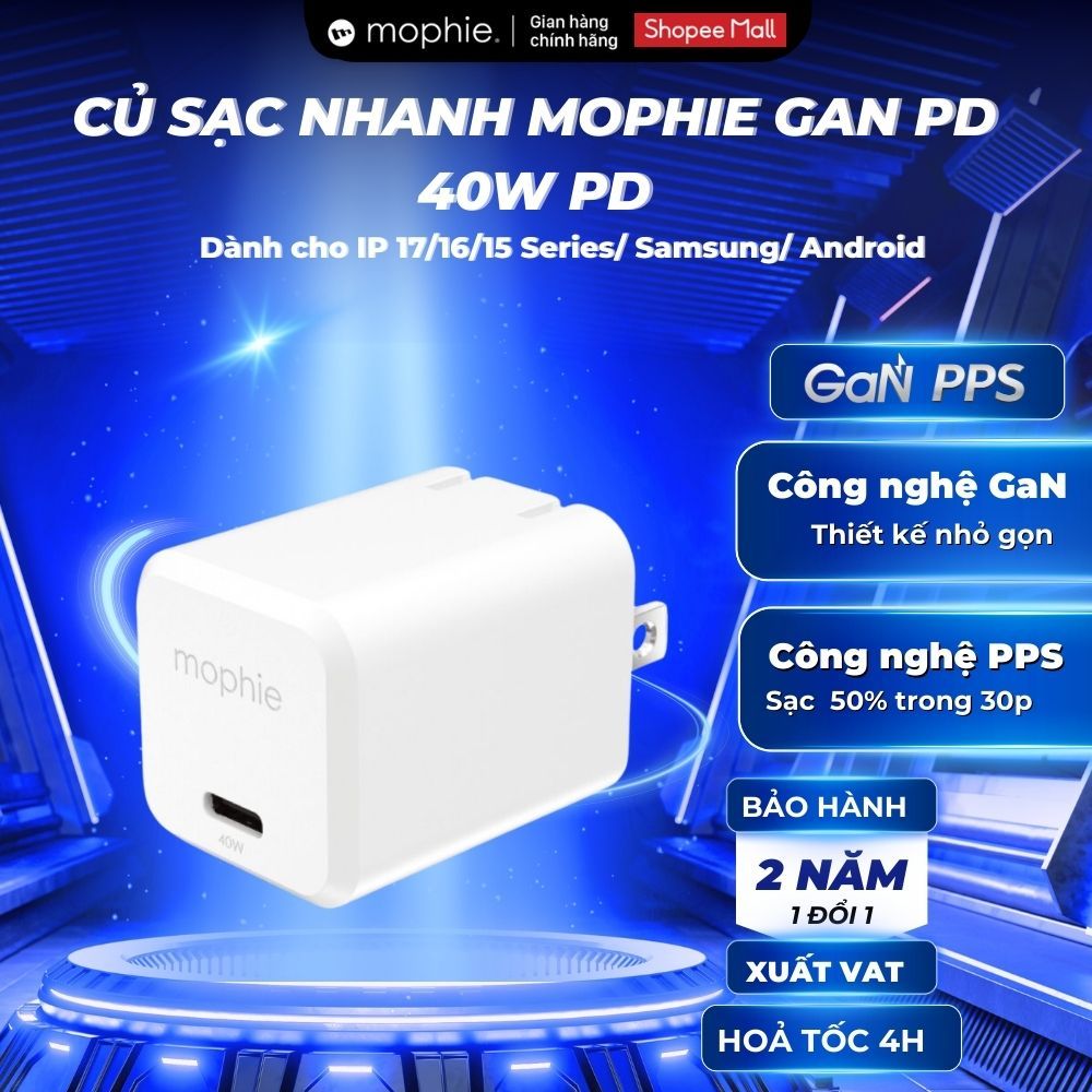 [Dành cho iPhone 17/16 Series] Củ Sạc Nhanh Mophie GaN PD 40W PD | Hạn chế chai pin | BH 24 Tháng