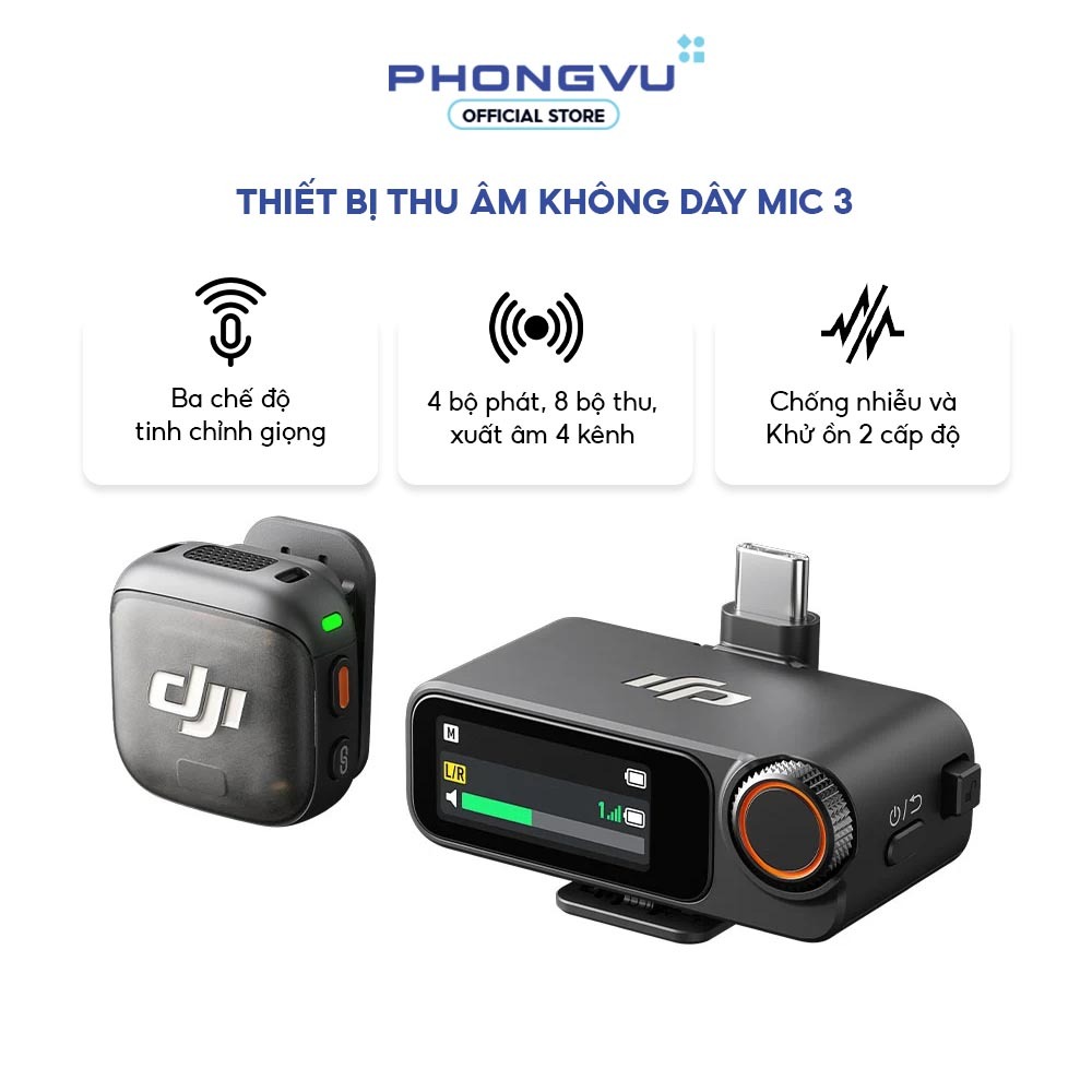 Thiết bị thu âm không dây Mic 3 (2TX + 1RX + 1 Hộp sạc) 2 Mic - Thu âm 4 kênh - Bảo hành 12 tháng