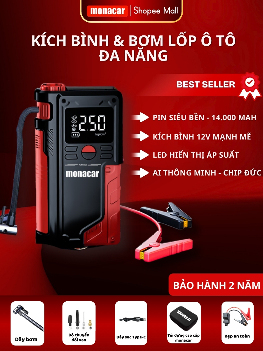 Bơm lốp ô tô kích bình 4in1 monacar 14000mah