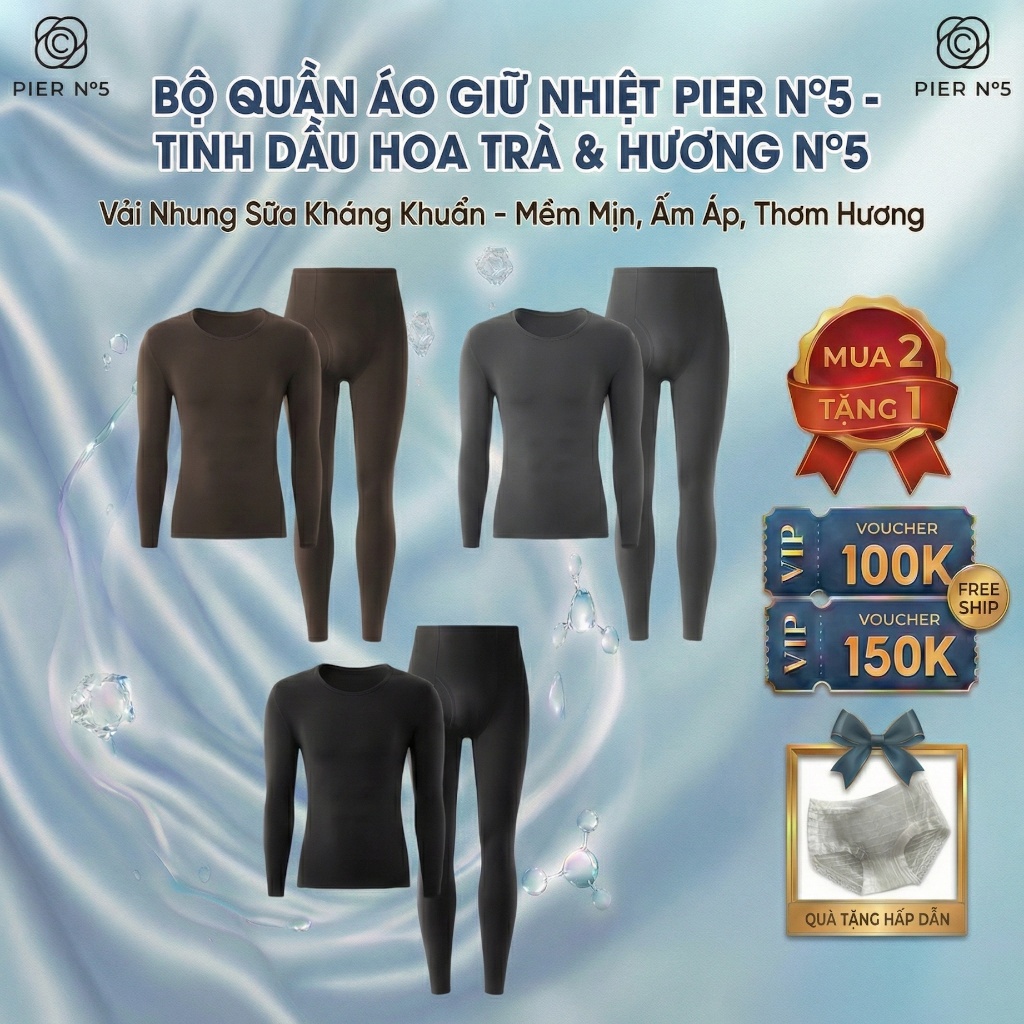 Bộ Quần Áo Giữ Nhiệt Pier N05 Tinh Dầu Hoa Trà Hương Nước Hoa N°5 - Vải Nhung Sữa Kháng Khuẩn