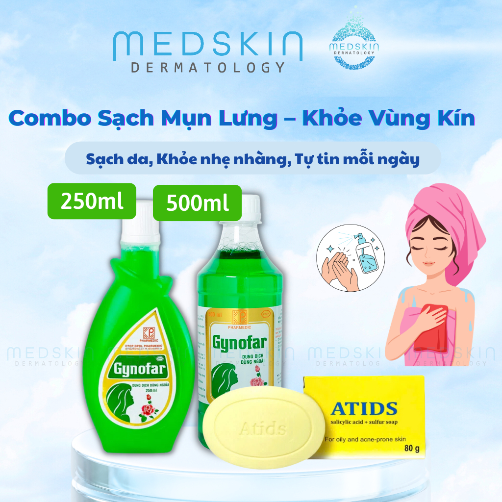 [COMBO SẠCH MỤN LƯNG, KHỎE VÙNG KÍN] Nước Rửa Vùng Kín Gynofar & Xà Phòng Tắm Atids Cho Các Nàng