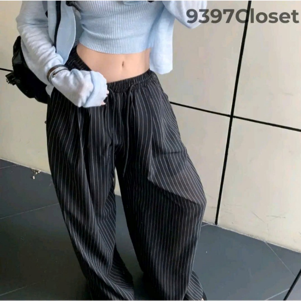 Quần kẻ sọc form suông 9397Closet, ống suông hack dáng,dây điều chỉnh,phong cách năng động trẻ trung