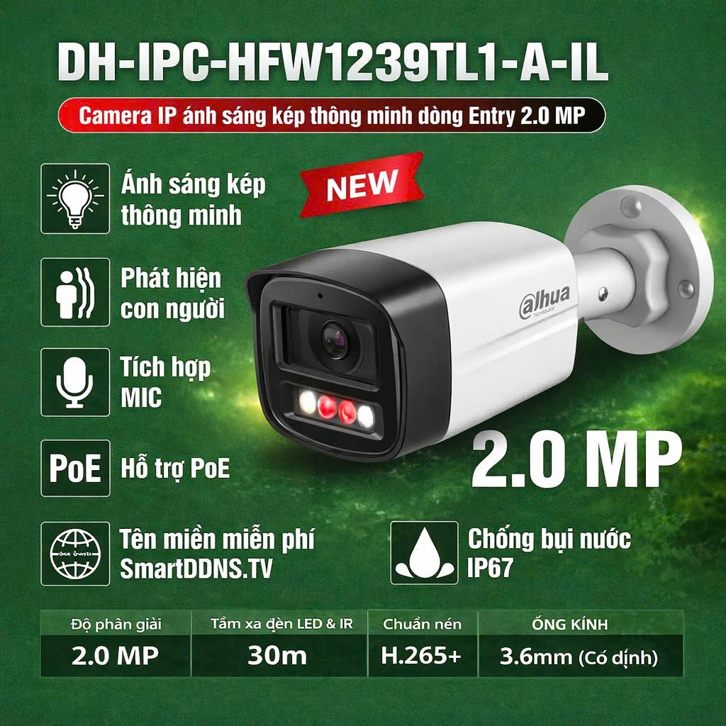 Camera IP 2MP Màu Mic Dahua chính hãng mã IPC-HFW1239TL1-A-IL