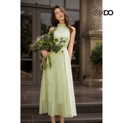 Đầm cổ yếm dáng xòe dài phối cổ bèo SIXDO (Light Green Nuggets Voile Flared Dress)