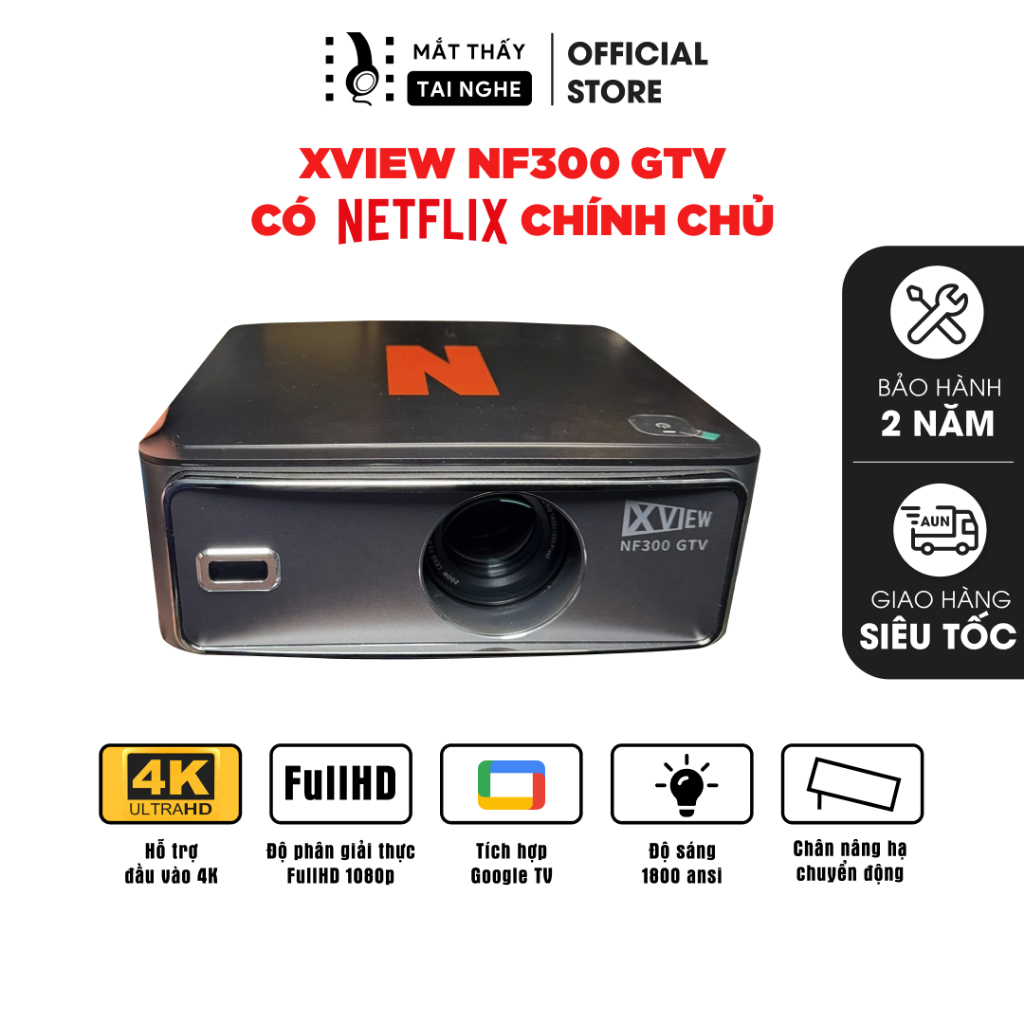 Xview NF300 GTV - Máy chiếu thông minh có NETFLIX chính chủ, GoogleTV - Độ nét Full HD - Độ sáng 1800 ansi