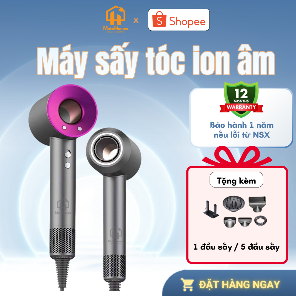 Máy Sấy Tóc Ion Âm MATE HOMES- 1800W, Giảm Xơ Rối, 3 Mức độ gió, 4 Mức độ nhiệt, Chăm sóc tóc tại nhà