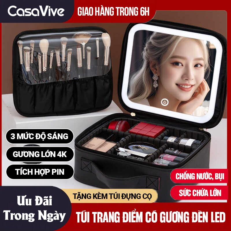 Túi Đựng Đồ Trang Điểm Có Gương Cảm Ứng Hộp Trang Điểm Chia Ngăn Cốp Đựng Đồ Makeup CASAVIVE