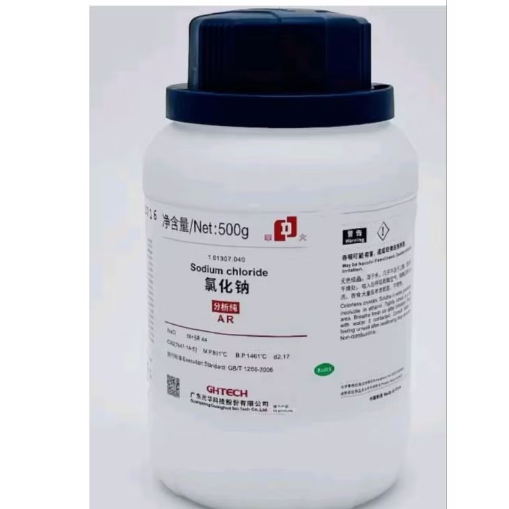 Sodium Chloride (NaCl, chai 500G, AR, GHTECH, Cas 7647-14-5)