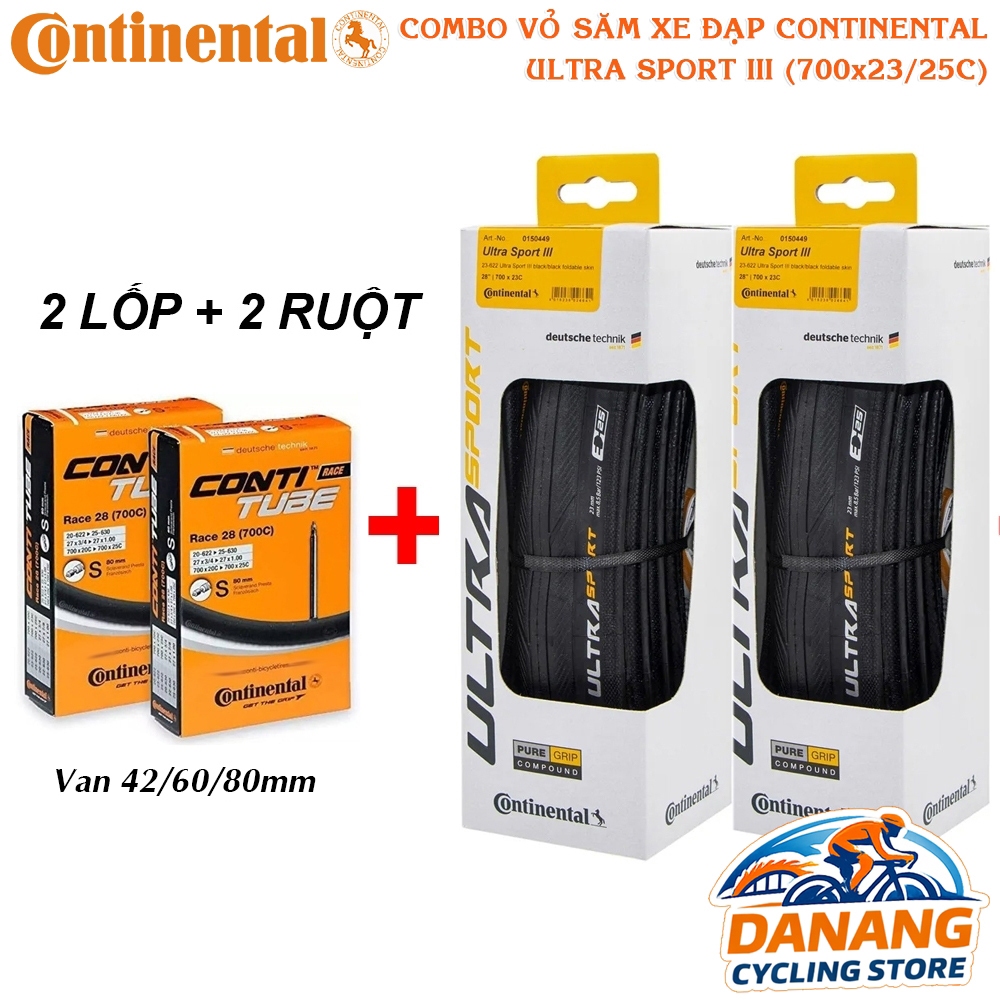 Cặp vỏ và săm xe đạp Road Continental Ultra Sport 3 – Size 700x23C / 700x25C – Van presta 42/60/80mm – Chính hãng