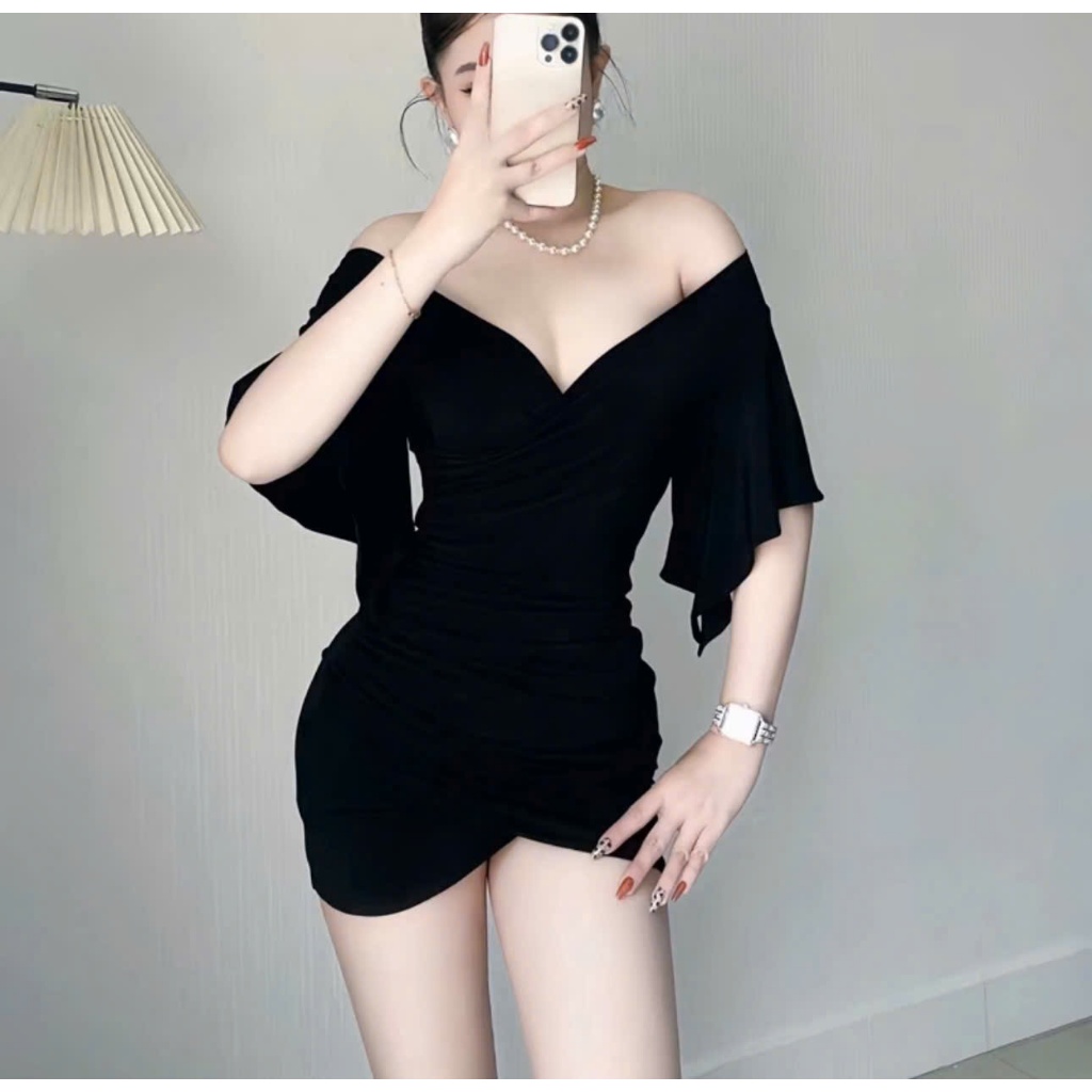 Váy Body Nữ Cổ V Dáng Ngắn LONACO D243, Đầm Body Nhún Eo Ôm Dáng Cánh Tiên Phong Cách Sang Trọng | BigBuy360 - bigbuy360.vn