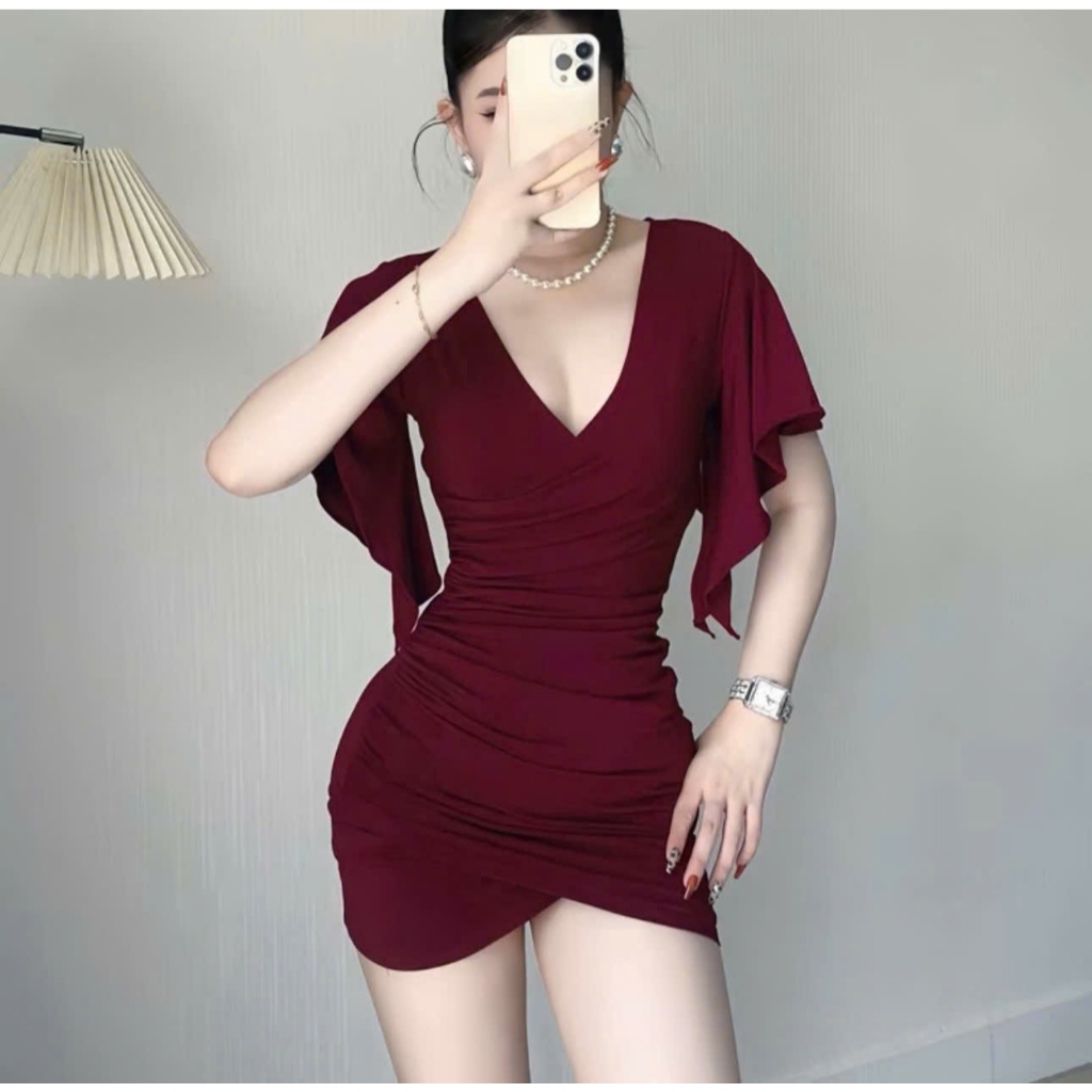 Váy Body Nữ Cổ V Dáng Ngắn LONACO D243, Đầm Body Nhún Eo Ôm Dáng Cánh Tiên Phong Cách Sang Trọng