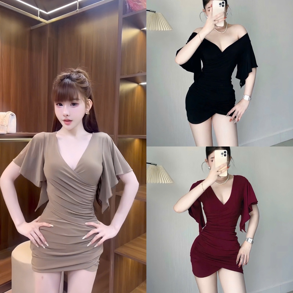 Váy Body Nữ Cổ V Dáng Ngắn LONACO D243, Đầm Body Nhún Eo Ôm Dáng Cánh Tiên Phong Cách Sang Trọng | BigBuy360 - bigbuy360.vn