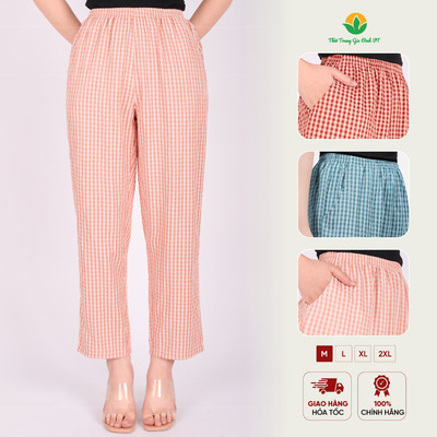 Quần dài nữ ống rộng chất Cotton dáng suông họa tiết caro thời trang Việt Thắng - Q06.6424