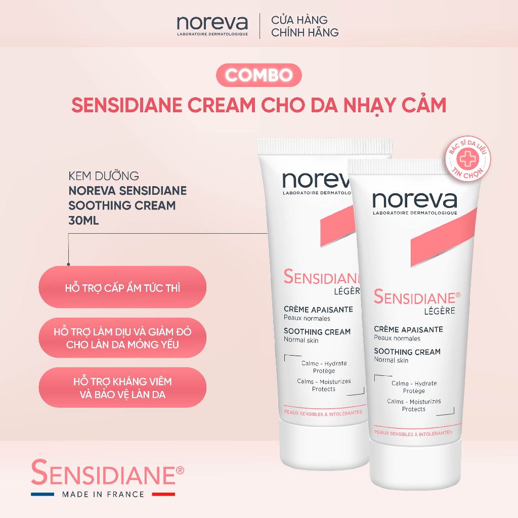COMBO Kem dưỡng và làm dịu da nhạy cảm Noreva Sensidiane Light Soothing Cream 40 ml