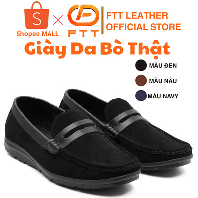 Giày da lộn nam dáng lười FTT Leather đế bệt cao cấp hạn chế trơn, trượt màu đen, nâu, navy mã F2686