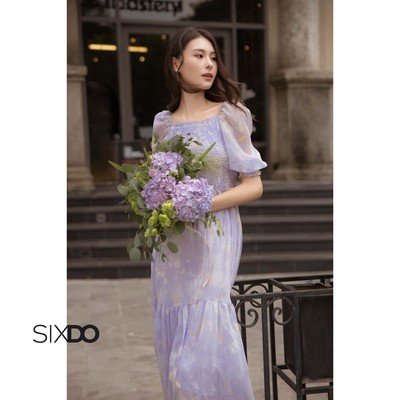 Đầm voan hoa tím nhạt tay bồng chun ngực SIXDO (Light Purple Voile Flared Dress)