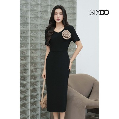 Đầm bút chì đen cổ tim ngắn tay phối hoa SIXDO (Black Tendy Pencil Dress With Flower)