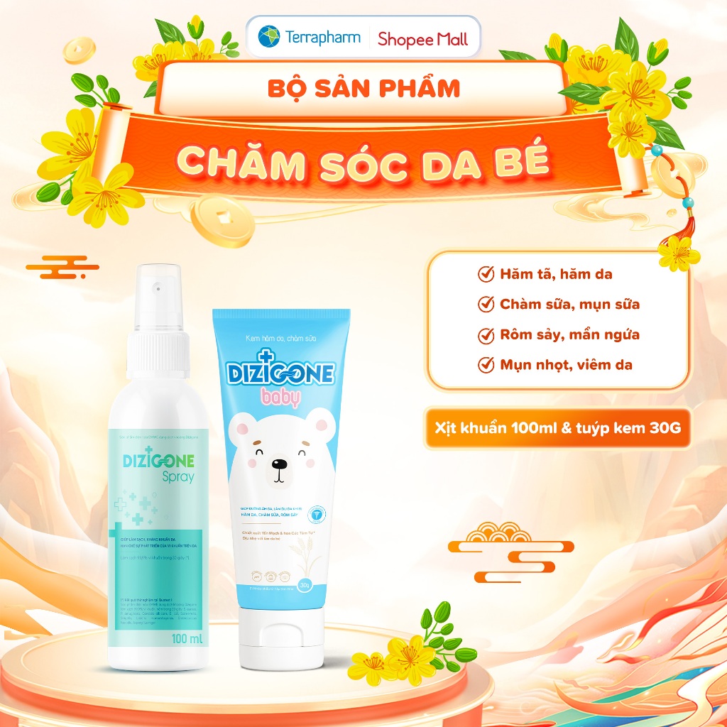 [COMBO] Xịt kháng khuẩn DIZIGONE 100ml & Kem DIZIGONE Baby 30g - Chăm sóc da bé hăm tã, chàm sữa, mẩ