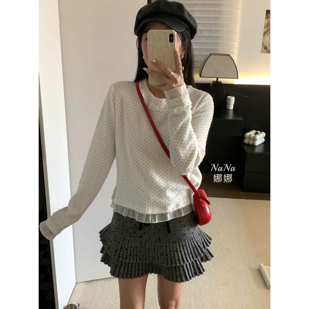 (QCCC) DH103⚪️ Áo Blouse Tay Dài Chấm Bi Phối Ren – Thanh Lịch & Cổ Điển