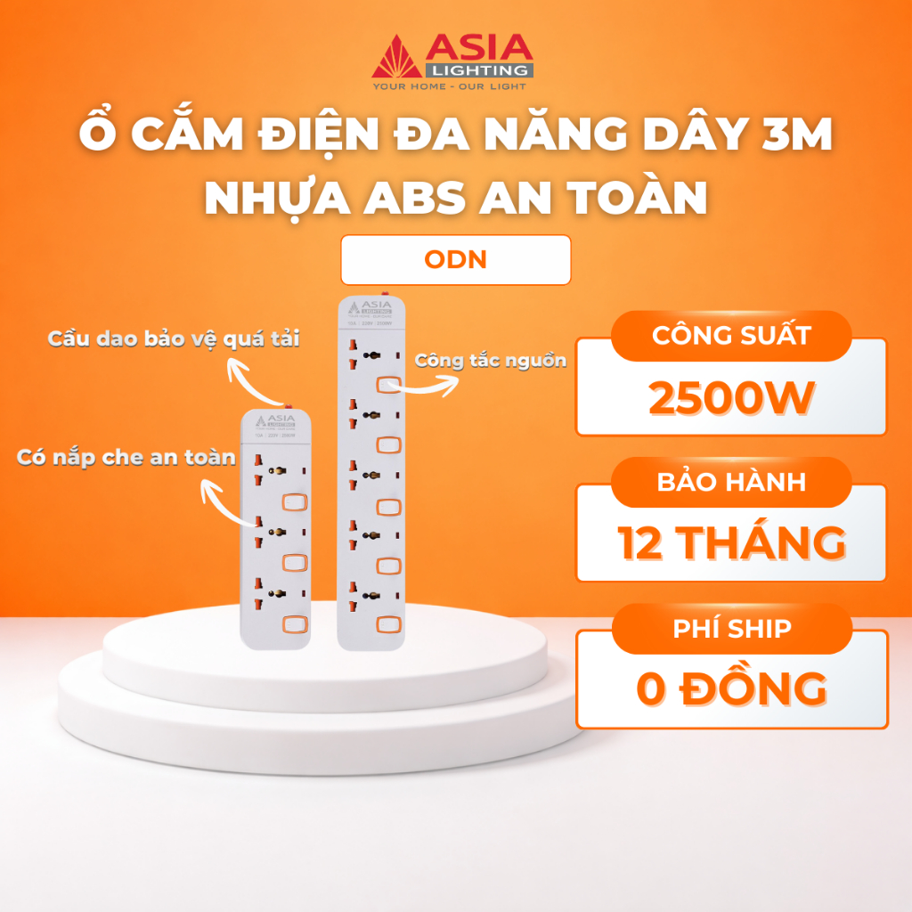 Ổ Cắm Điện Đa Năng Asia Lighting Dây 3M – Công Suất 2500W – Nhựa ABS Cao Cấp, An Toàn